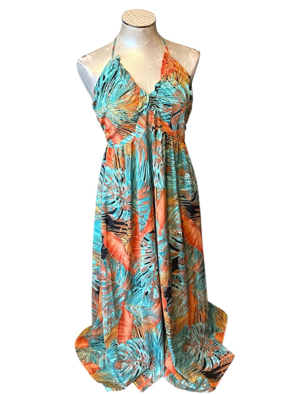 Cupshe Tropical Palm Leaf Halter Maxi Dress Green White Boho Resort Wear Size L - Picture 1 of 13